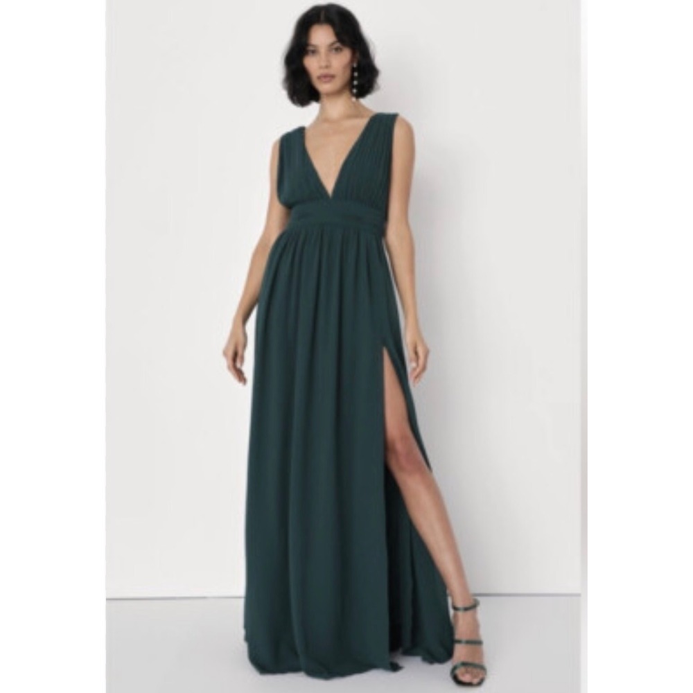 Lulus Heavenly Hues Forest Green Maxi‎ Dress V-Neck Sleeveless Gown Womens L